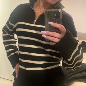 Zara Sweater Pull-Over Silver Zipper Turtleneck Black/White Zebra Stripes